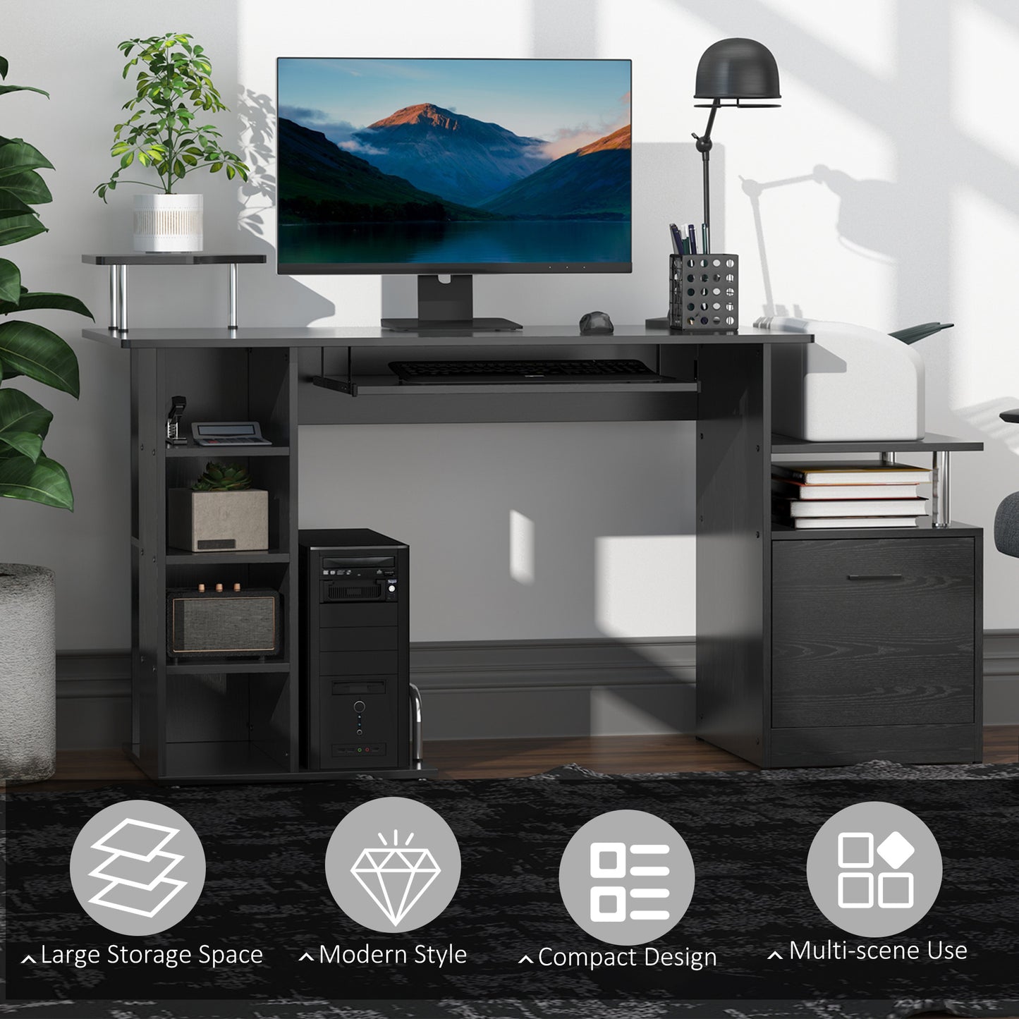 Computer Desk PC Workstation with Drawer Shelves CPU Storage Rack Home Office Furniture 152 x 60 x 88cm (BLACK), HOMCOM, 6