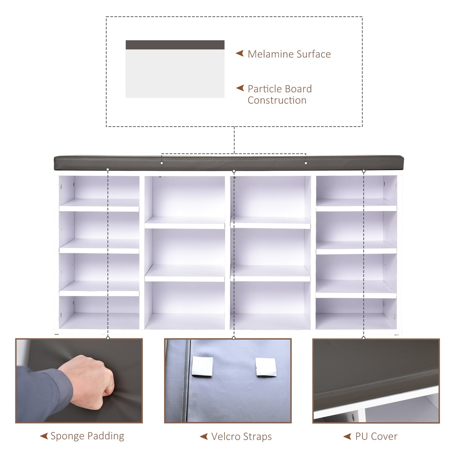 Multi-Storage Shoe Rack w/ 14 Compartments Cushion Moving Shelves Solid Frame Foot Pads Home Office Tidy Organisation Boots Trainers White, HOMCOM, 7