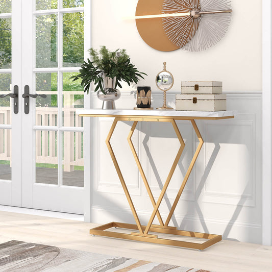 100 cm Gold Console Table with Diamond Shape Geometric Frame-White & Golden, Costway, 1