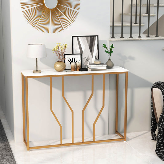 110 cm Gold Console Table Entryway Table with Faux Marble Tabletop-White & Golden, Costway, 1