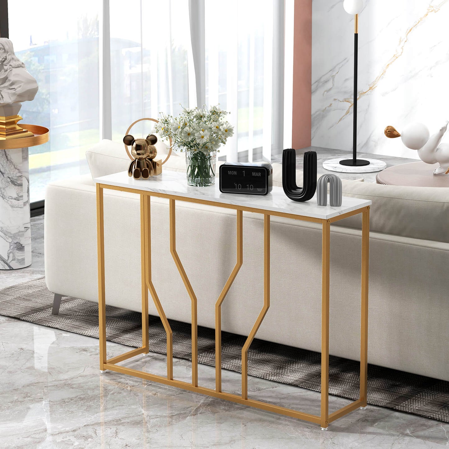 110 cm Gold Console Table Entryway Table with Faux Marble Tabletop-White & Golden, Costway, 1