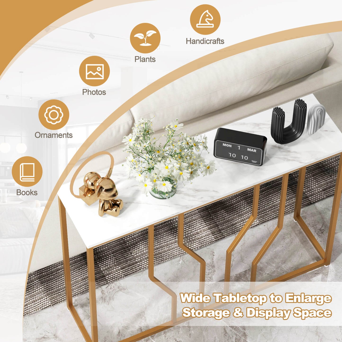 110 cm Gold Console Table Entryway Table with Faux Marble Tabletop-White & Golden, Costway, 1
