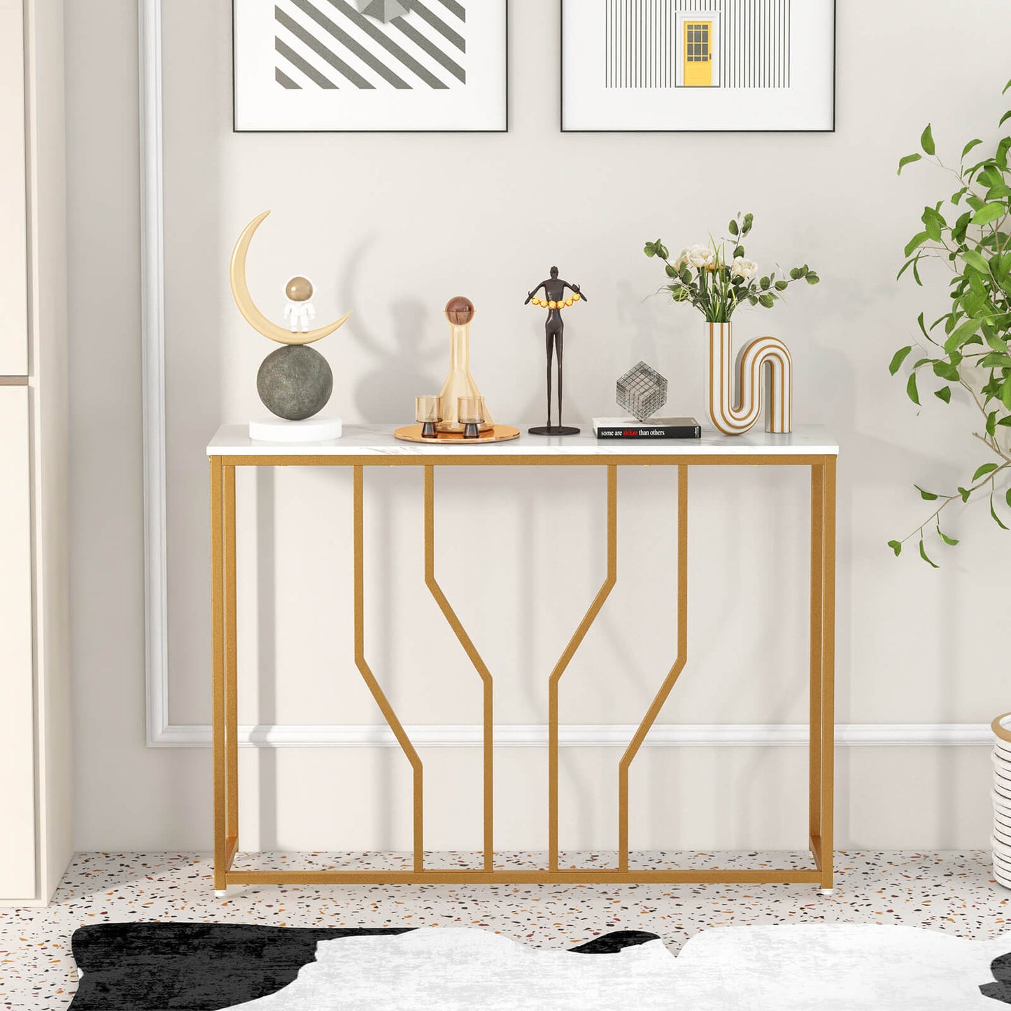 110 cm Gold Console Table Entryway Table with Faux Marble Tabletop-White & Golden, Costway, 1