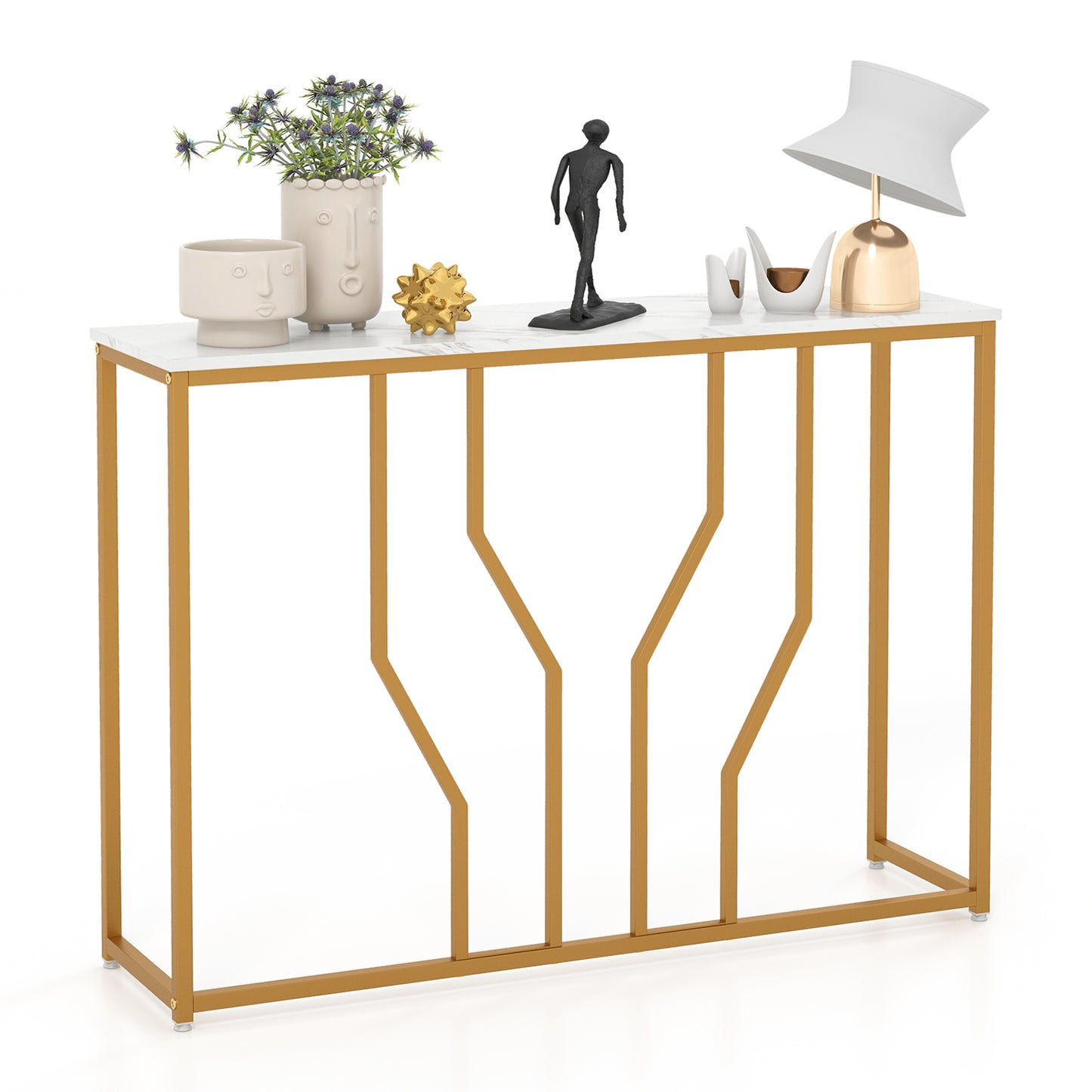 110 cm Gold Console Table Entryway Table with Faux Marble Tabletop-White & Golden, Costway, 1