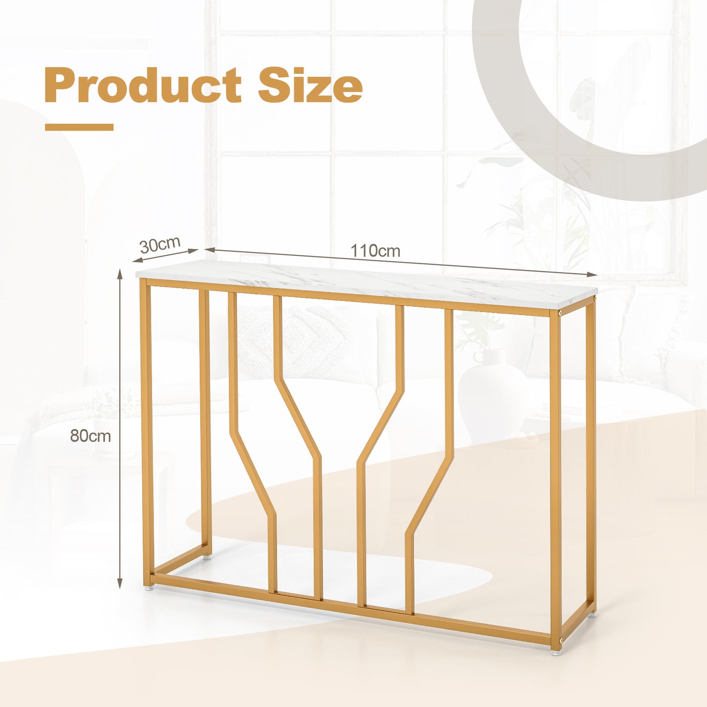 110 cm Gold Console Table Entryway Table with Faux Marble Tabletop-White & Golden, Costway, 1