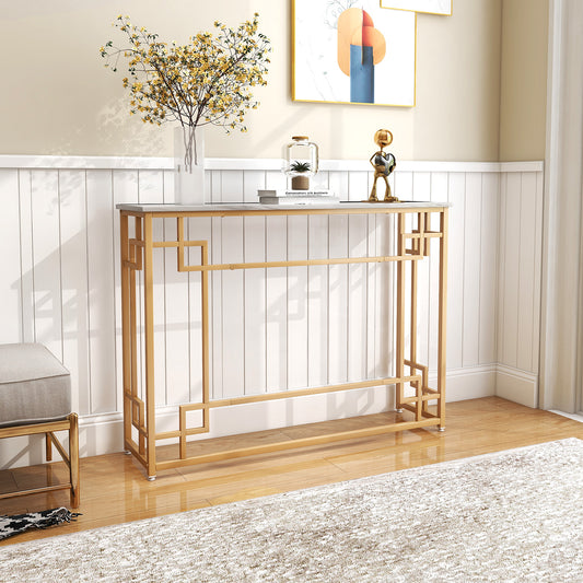 110 cm Console Table Narrow Entryway Table with Geometric Golden Frame-White & Golden, Costway, 1