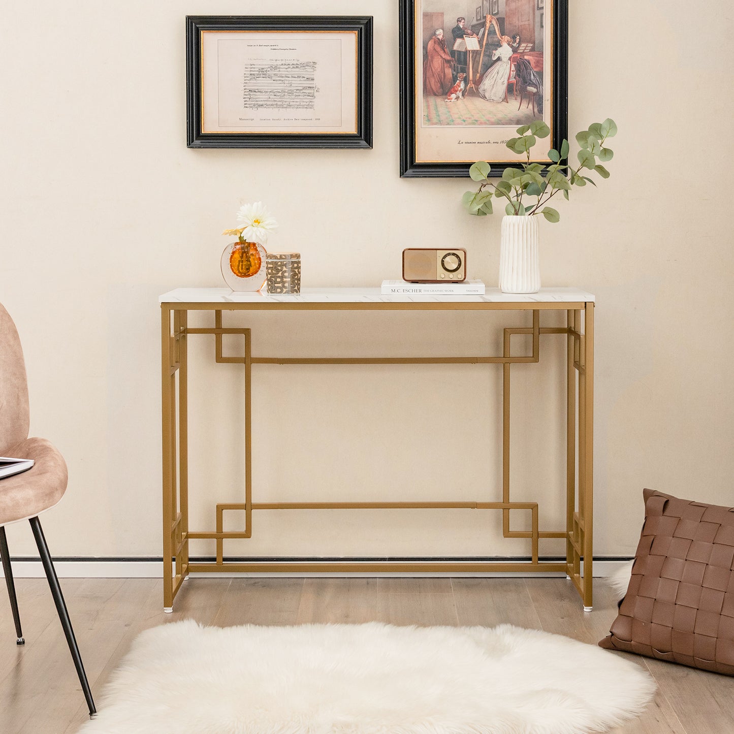 110 cm Console Table Narrow Entryway Table with Geometric Golden Frame-White & Golden, Costway, 1
