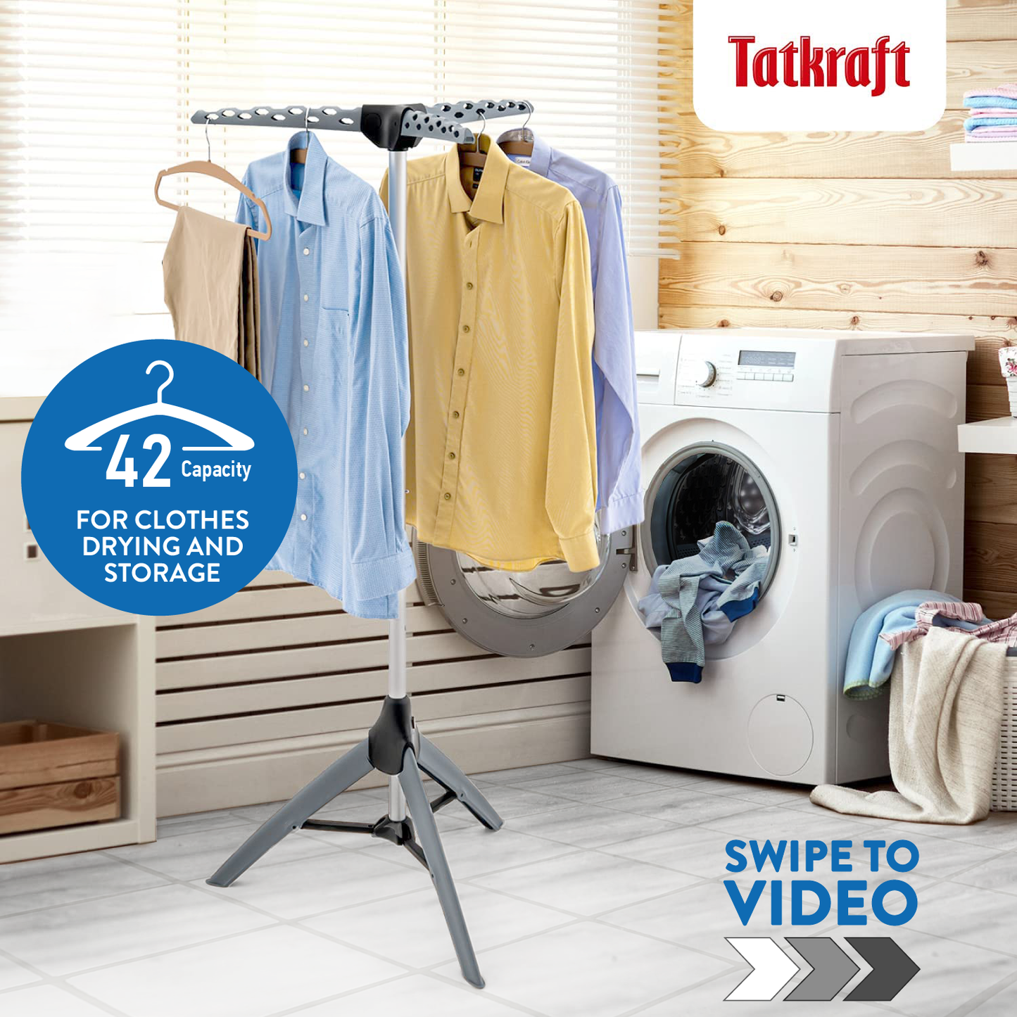 Clothes Airer, Sturdy Foldable Clothes Airer, Clothes Hanger Stand, Drying Rack, Tripod Air Dryer, Tatkraft Pine, 4
