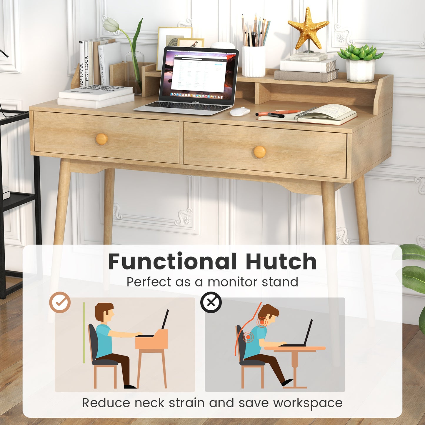 120 CM Writing Desk with Hutch and Drawers for Bedroom-Natural, Costway, 1