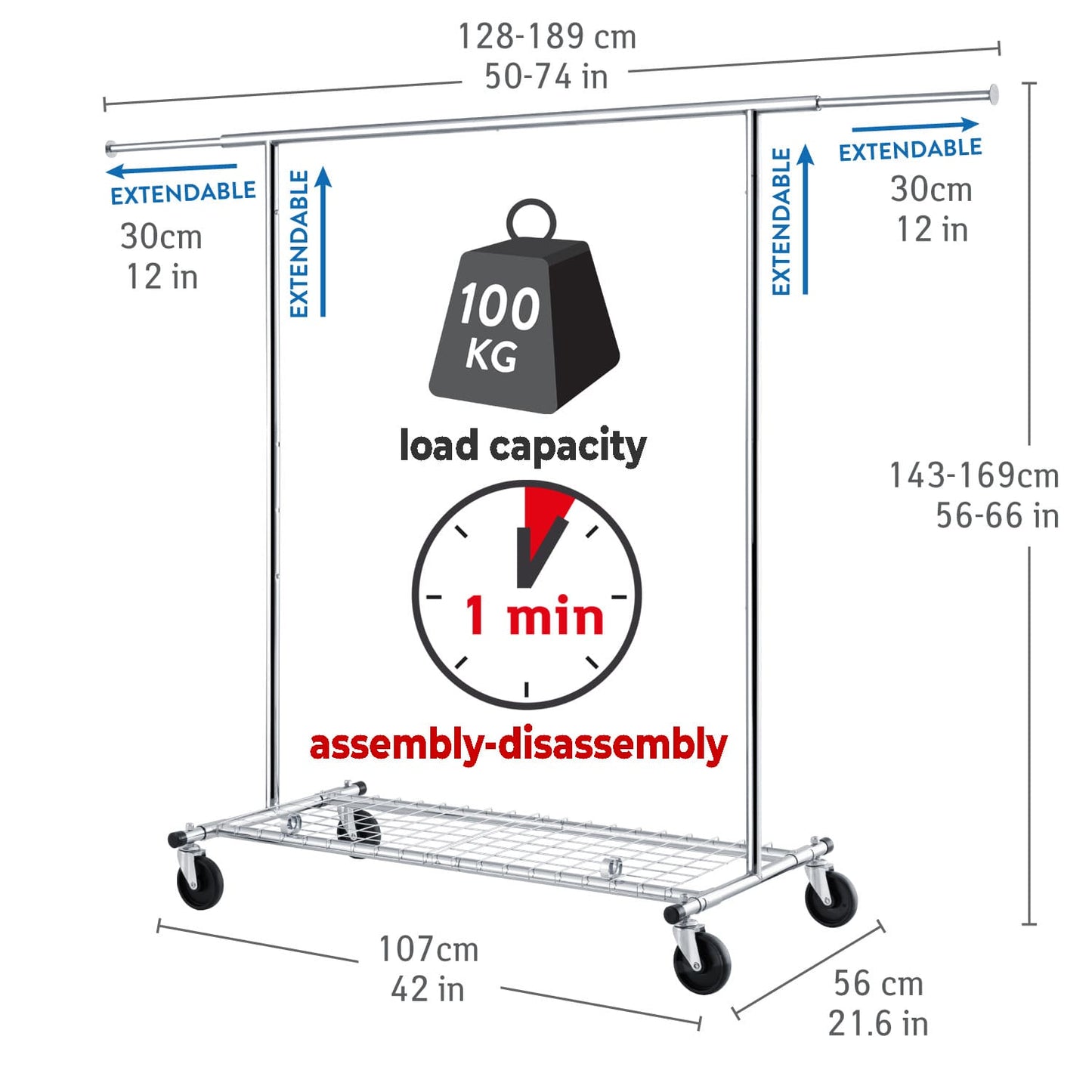 Heavy Duty Clothes Rail, Industrial Clothes Rail, Hanging, Extendable Clothes Rail, Foldable, on Wheels, Tatkraft Duncan, 6