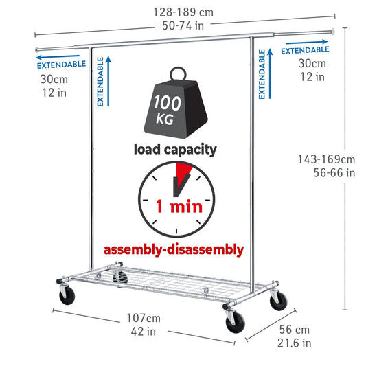 Heavy Duty Clothes Rail, Industrial Clothes Rail, Hanging, Extendable Clothes Rail, Foldable, on Wheels, Tatkraft Duncan, 6