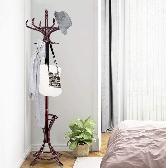 Floor Standing Hat Coat Wood Hanger w/ Umbrella Rack Prestige-Mahogany, Costway, 2