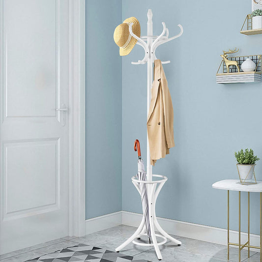 Floor Standing Hat Coat Wood Hanger w/ Umbrella Rack Prestige-White, Costway, 2