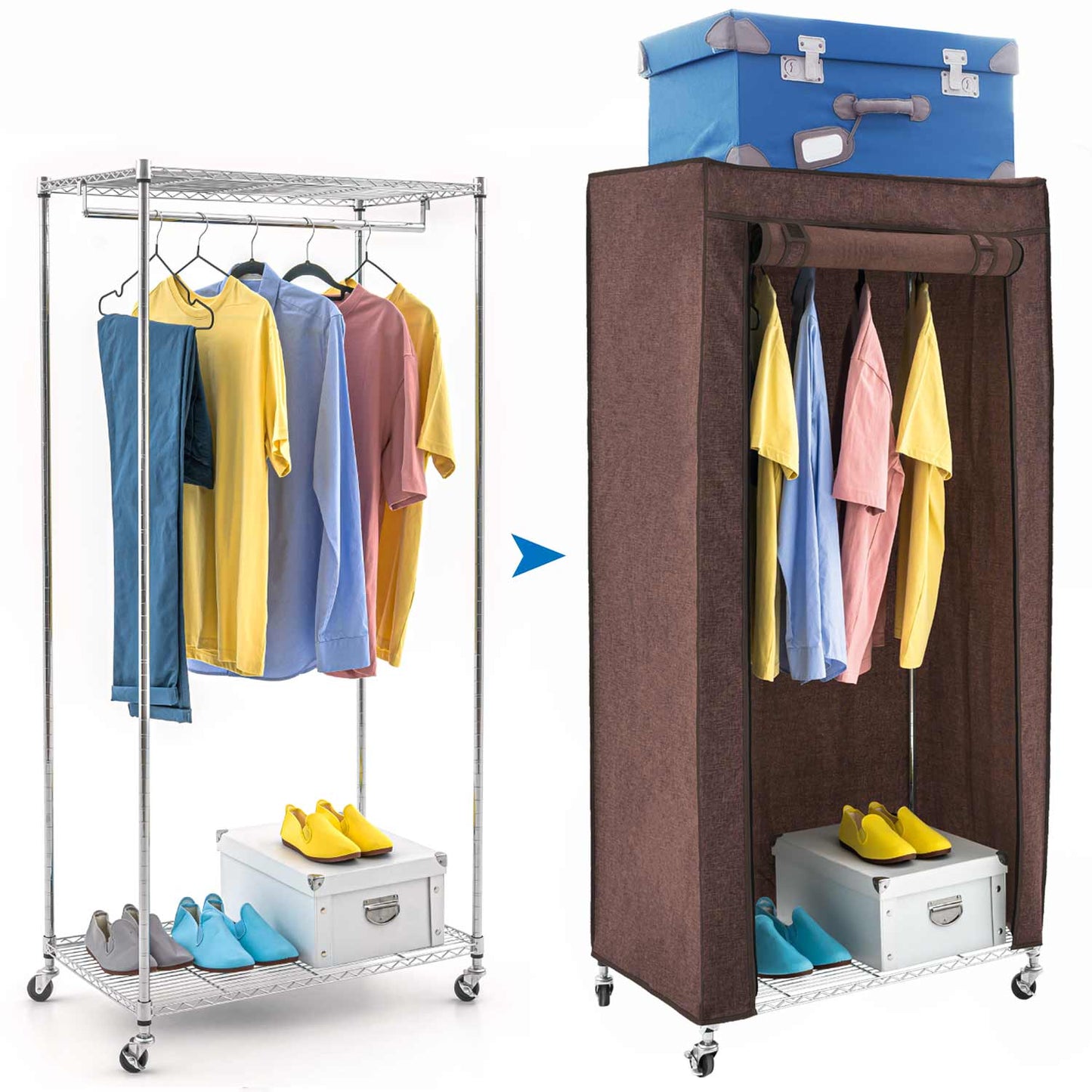 Portable Wardrobe with Industrial Grade Locking Wheels