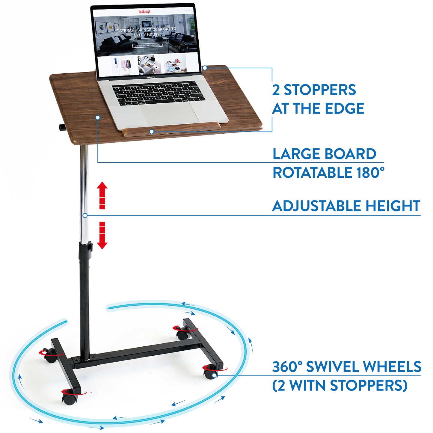 Laptop Bed Table, Adjustable Laptop Table, Portable Laptop Desk, Sofa Desk, Desk on Wheels, Ergonomic, Tatkraft Gain, 4