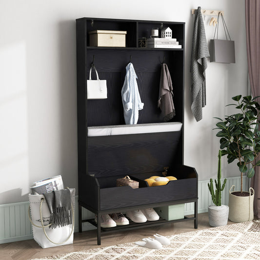 4-in-1 Coat Rack with Seat Cushion and Open Compartments-Black, Costway, 2