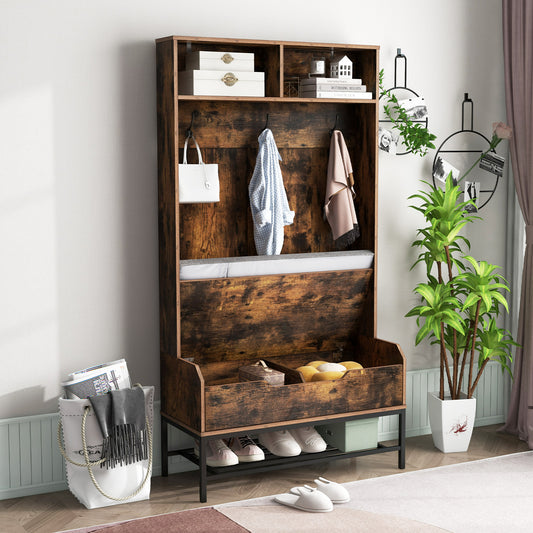 4-in-1 Coat Rack with Seat Cushion and Open Compartments-Rustic Brown, Costway, 2