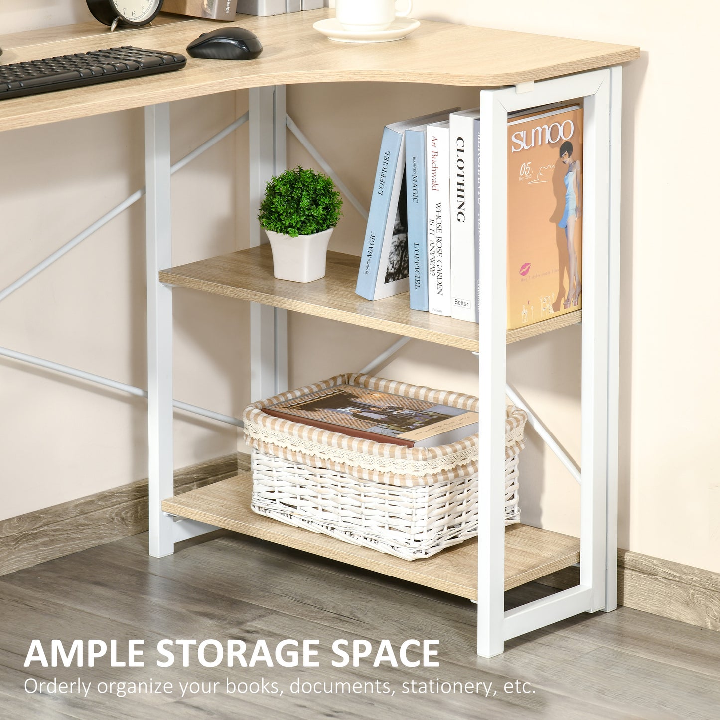 Folding Desk, L Shaped Desk, Corner Computer Desk with 2-Tier Storage Shelf for Home Office, Study Room, Workstation, Easy Assembly, 120 x 72.5 x 76.5cm, Oak Tone, HOMCOM, 6