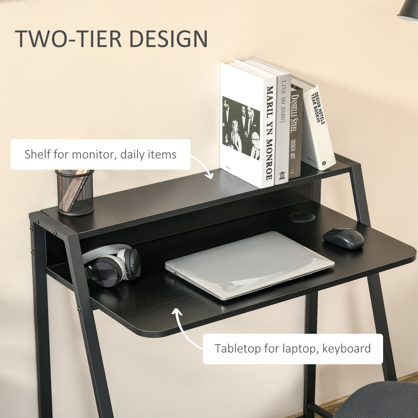 Writing Desk Computer Table Home Office PC Laptop Workstation Storage Shelf 84L x 45W cm Black, HOMCOM, 4