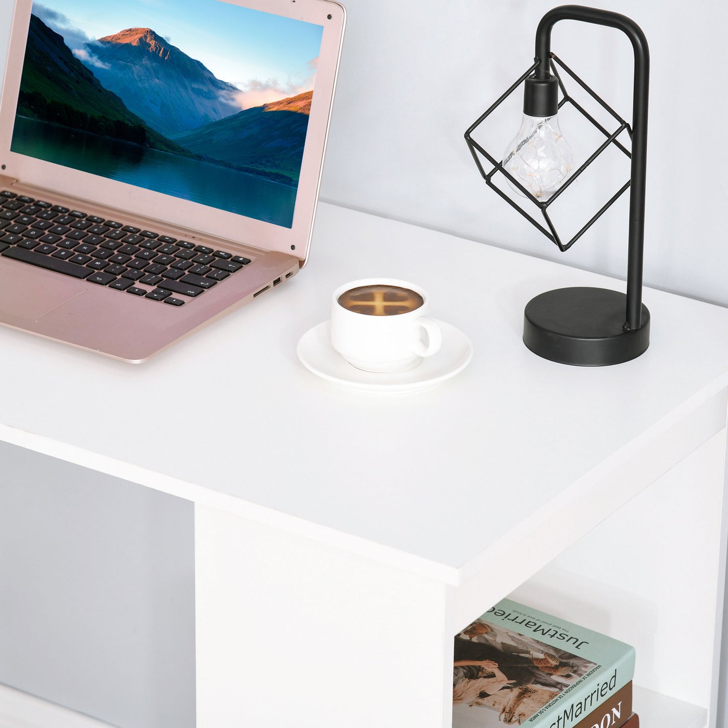 120cm Modern Computer Desk Bookshelf Study Table Workstation PC Laptop Writing Home Office 6 Shelves White, HOMCOM, 9