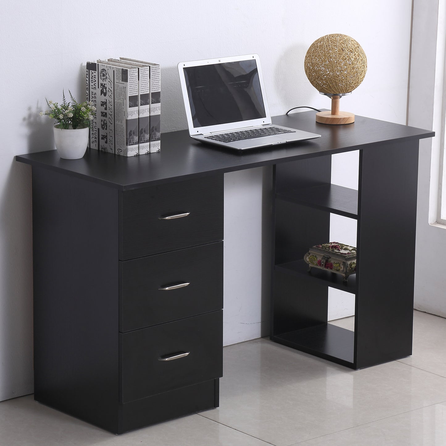 Computer Desk, Writing Table, PC Workstation with 3 Storage Shelves and Drawers, Silver Handle, for Home Office, Black, HOMCOM, 2