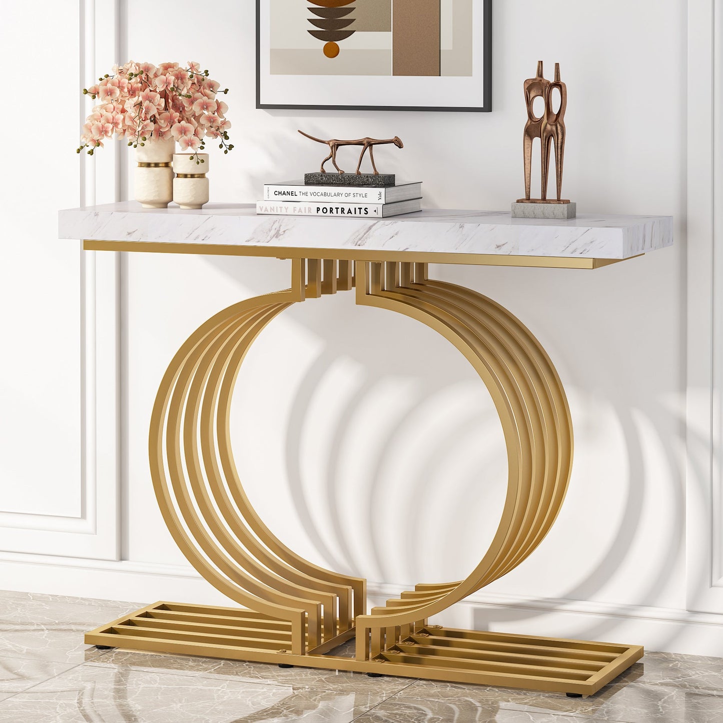 Tribesigns - Console Table, 40 inch Entryway Sofa Table with Gold Base, Faux Marble White