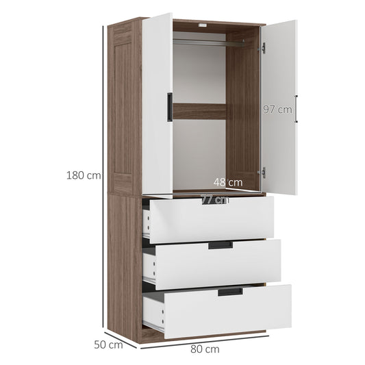 Two Door, Two Drawer Wardrobe - White/Brown, HOMCOM, 3