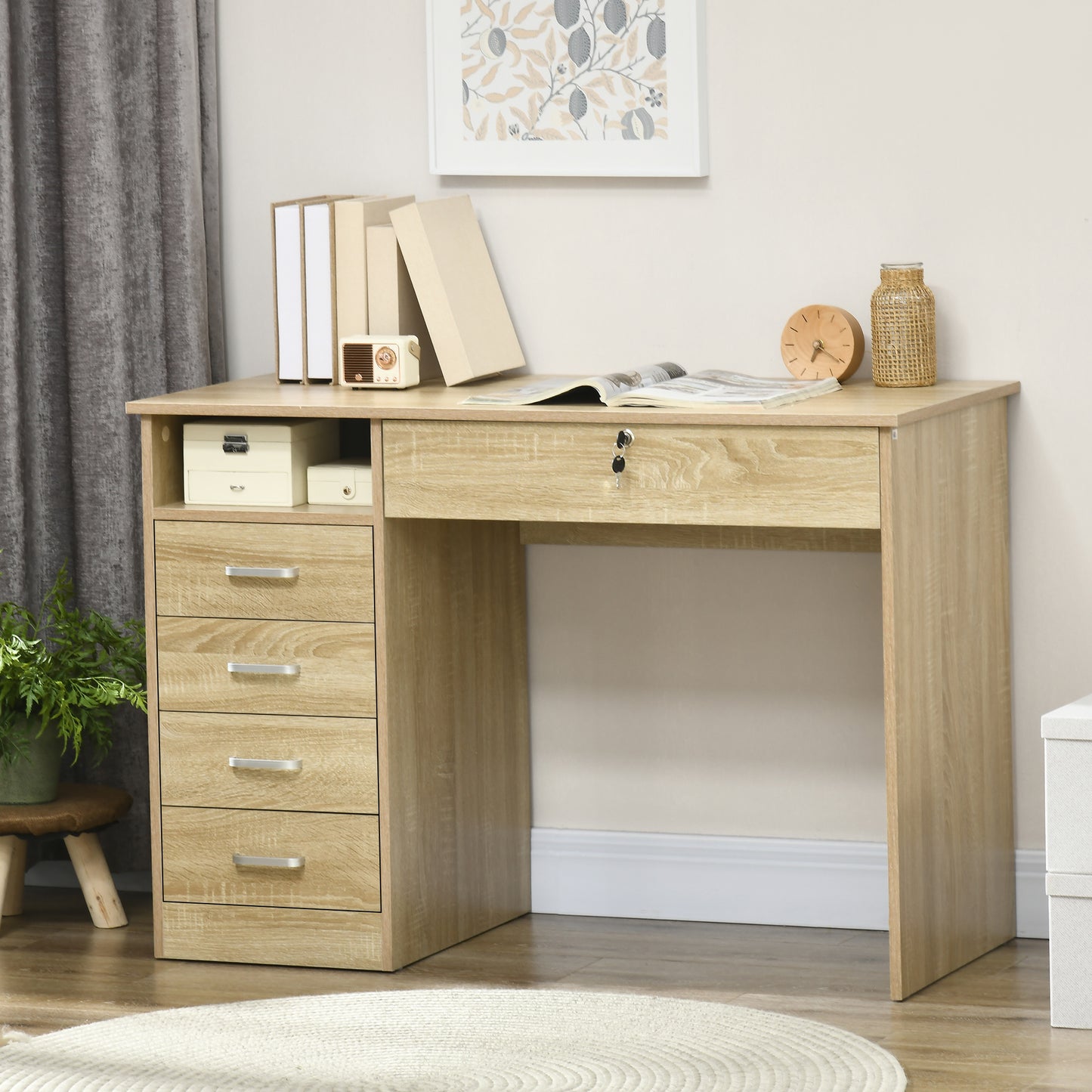 Computer Desk, Home Office Desk with Lockable Drawer, Storage Shelf for Study Bedroom, 110 x 50 x 76 cm, Oak, HOMCOM, 2