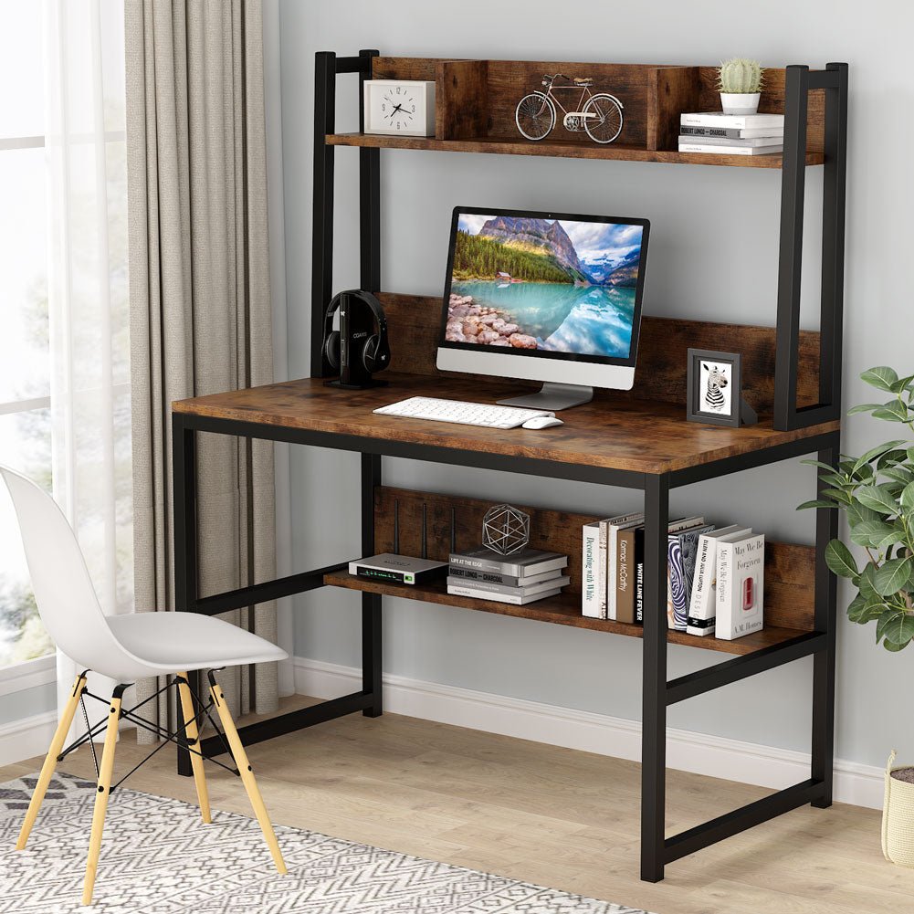 Computer Desk, office computer desk, pc desk, with Hutch, and Shelves, Brown - Tribesigns 1