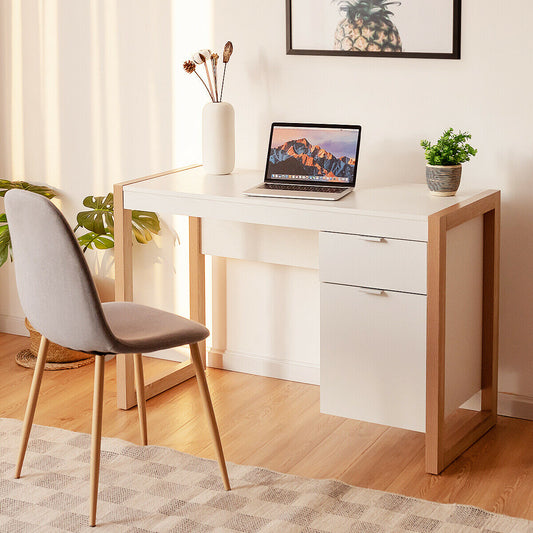 Wooden Computer Desk with Drawer and Cabinet for Home Office-White, Costway, 2