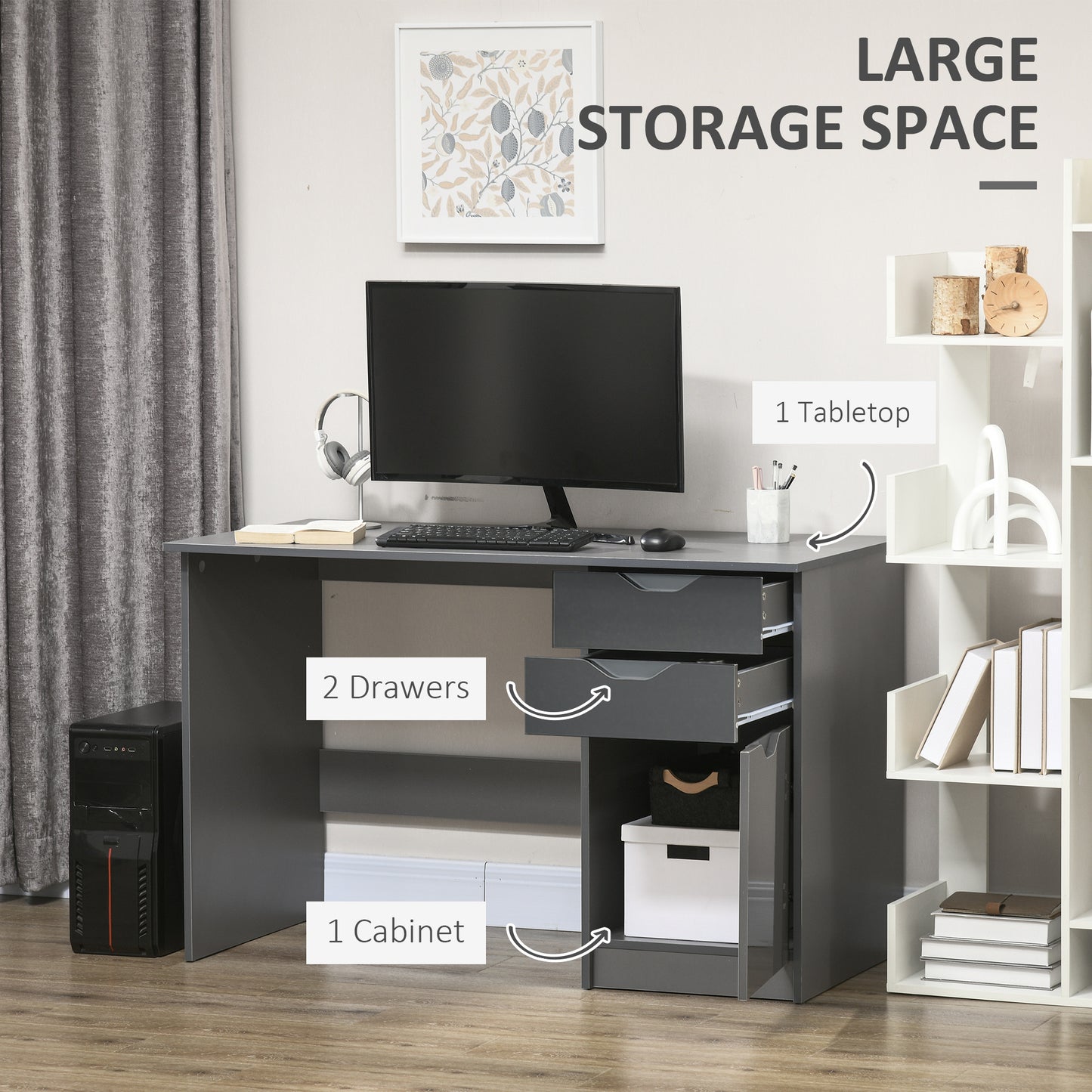 Computer Desk with Drawers, High Gloss Home Office Desk with Storage Cabinet, Study Workstation, 120 x 60cm, Grey, HOMCOM, 4