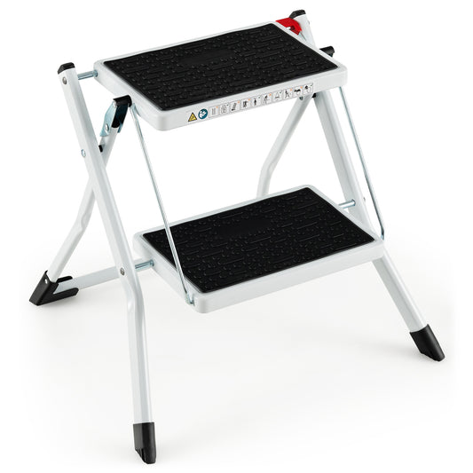 Step Ladder, 2 Step Ladder, Folding Step Ladder, Portable Ladder with Handle and Non-slip Foot Mats, White, Costway