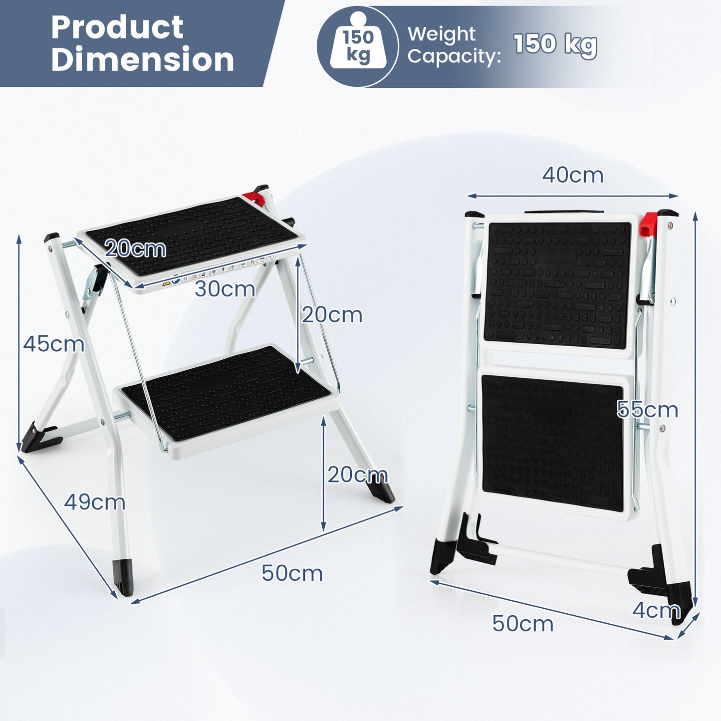 Step Ladder, 2 Step Ladder, Folding Step Ladder, Portable Ladder with Handle and Non-slip Foot Mats, White, Costway, 3