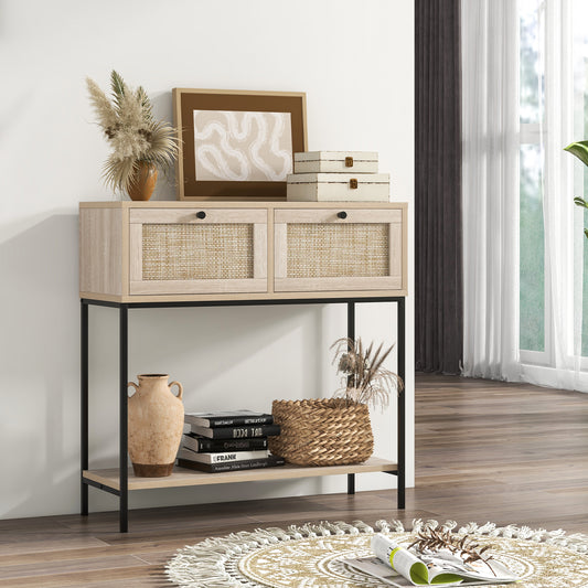 2-Tier Console Table with Rattan Drawers and Open Storage Shelf-Oak, Costway, 2