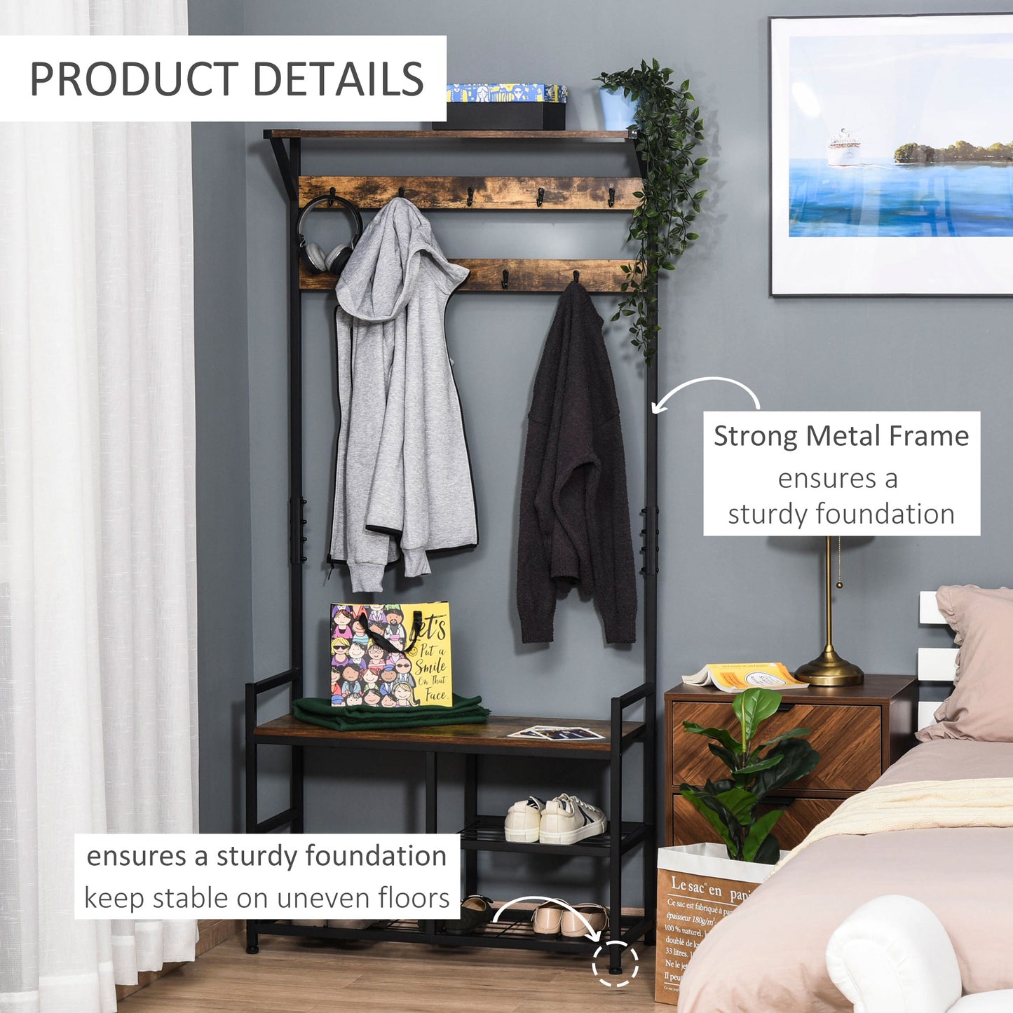 Coat Rack Stand Shoe Storage Bench with 9 Hooks Shelves for Bedroom Living Room Entryway Brown and Black 180cm, HOMCOM, 5