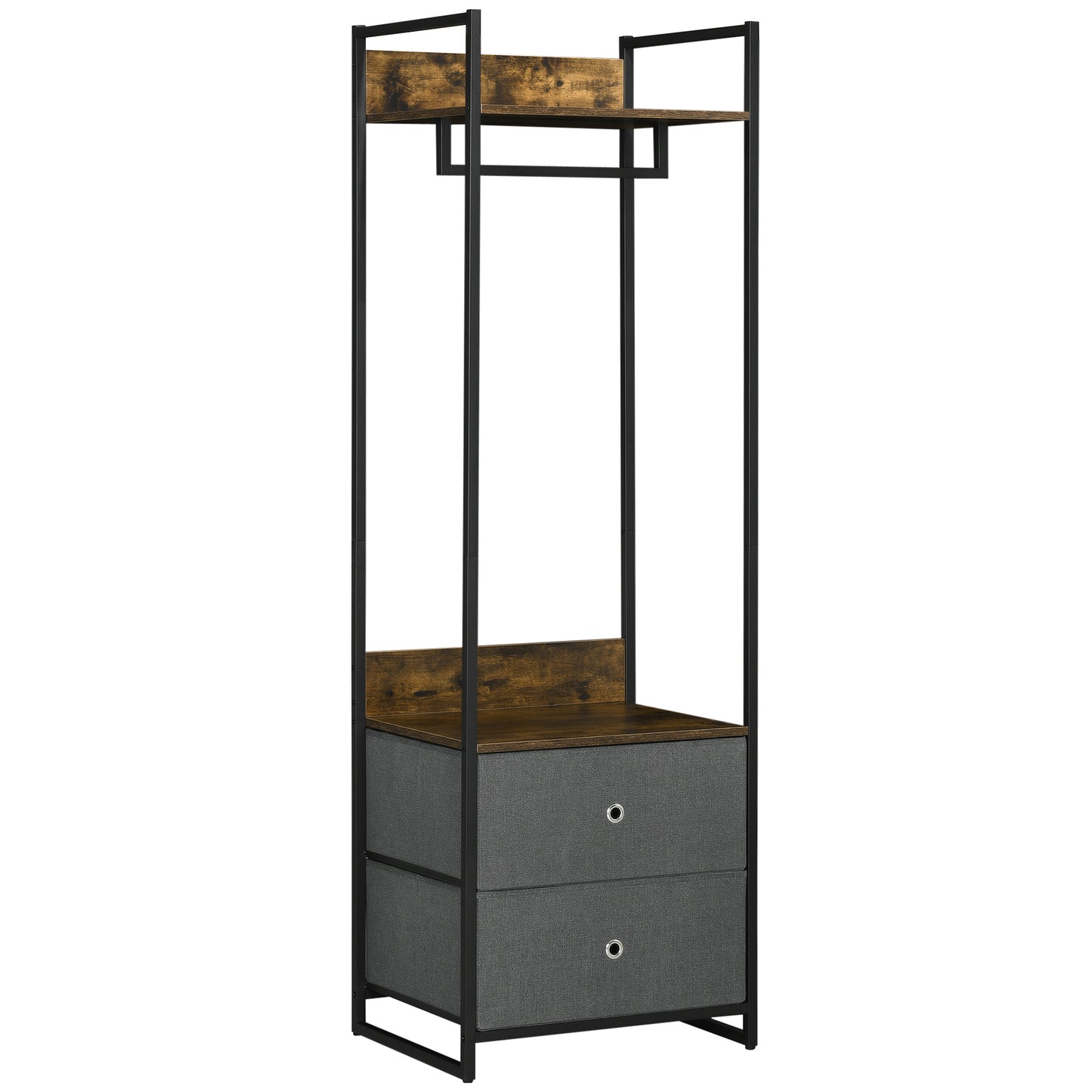 Clothes Rail, Metal Coat Stand, Garment Rack with 2 Fabric Storage Drawers, Single Wardrobe for Bedroom, Hallway, Rustic Brown and Grey, HOMCOM, 1