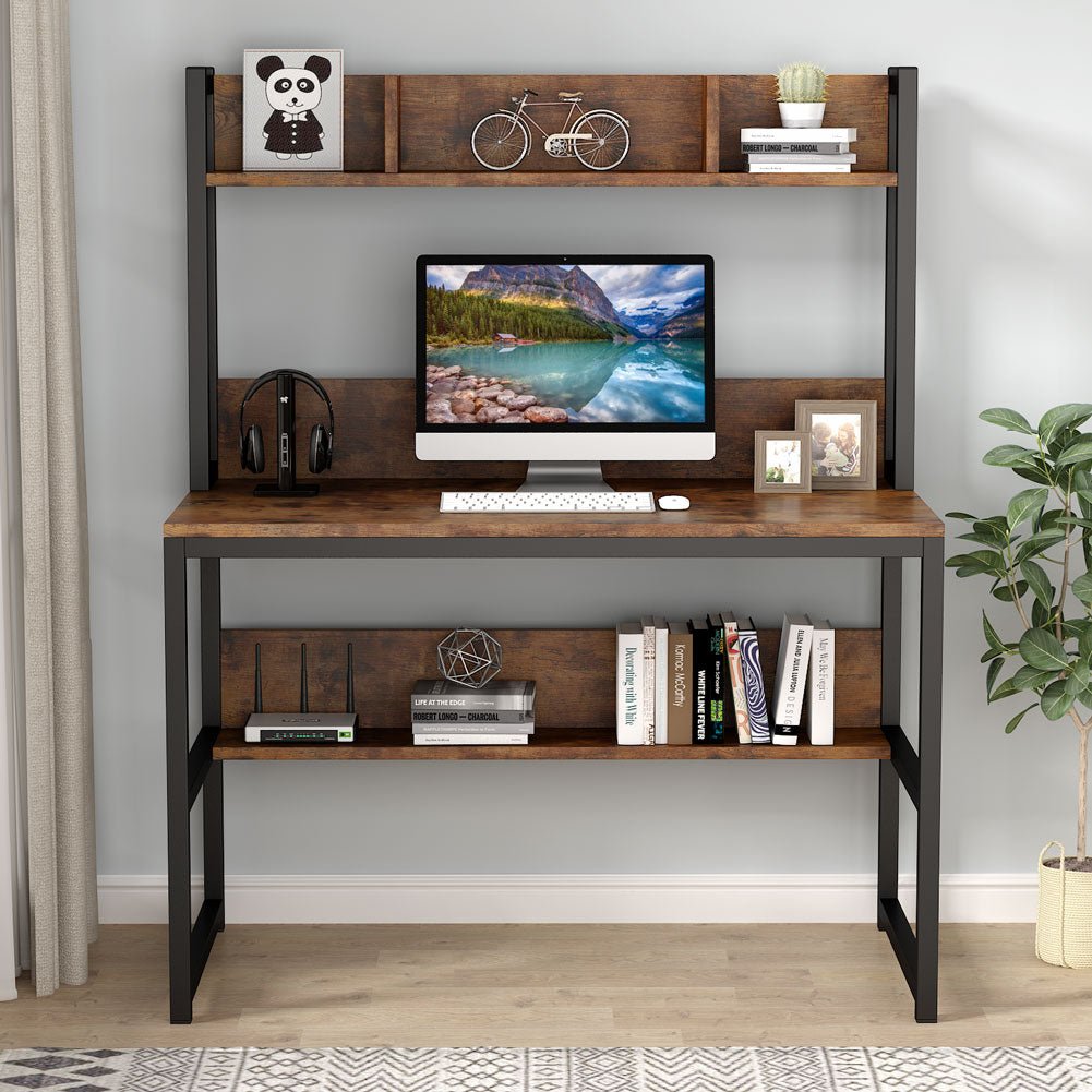 Computer Desk, office computer desk, pc desk, with Hutch, and Shelves, Brown - Tribesigns 3
