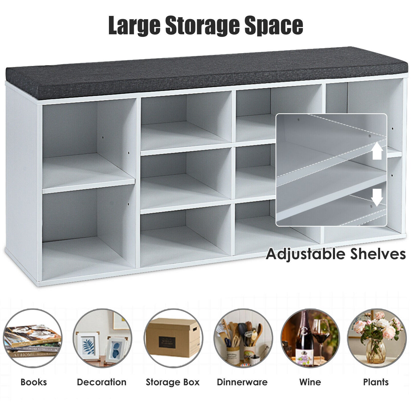 Large Shoe bench / Open Storage Bench-White, Costway, 7