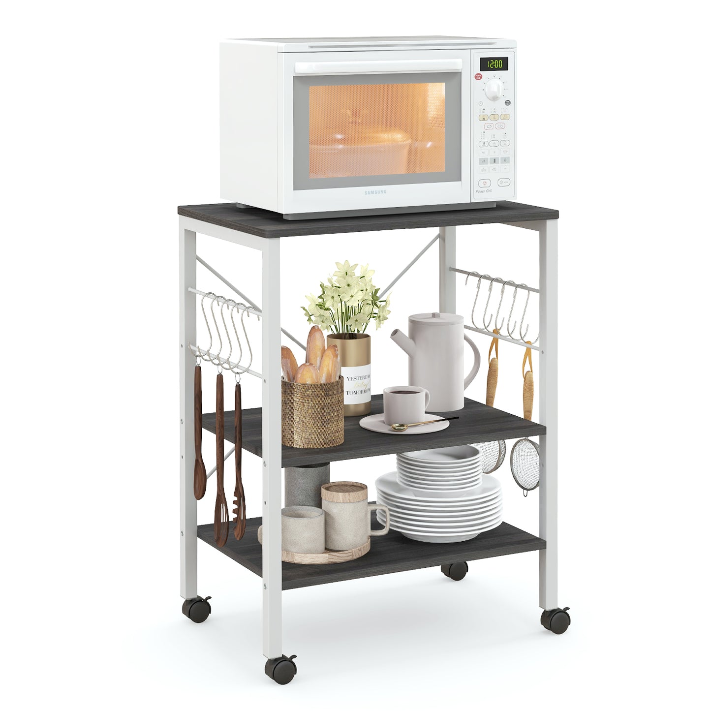 3-Tier Utility Cart Storage Trolley with 10 Removable Hooks-White & Black, Costway, 7