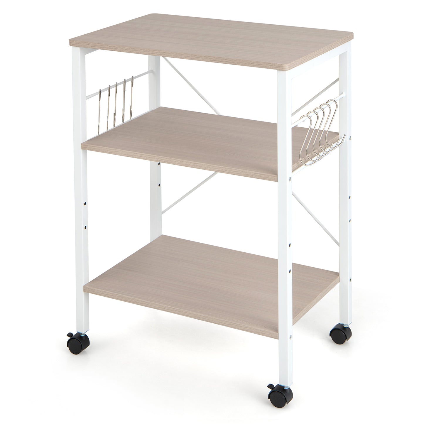 3-Tier Utility Cart Storage Trolley with 10 Removable Hooks-Beige, Costway, 1