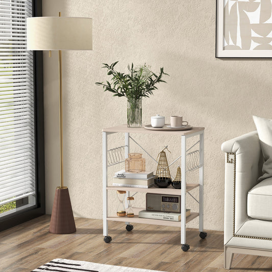 3-Tier Utility Cart Storage Trolley with 10 Removable Hooks-Beige, Costway, 2