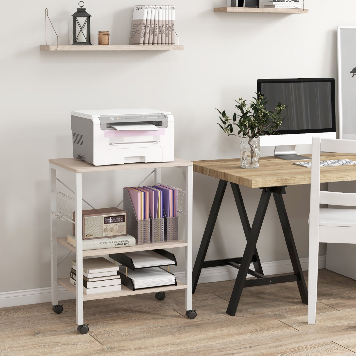 3-Tier Utility Cart Storage Trolley with 10 Removable Hooks-Beige, Costway, 3