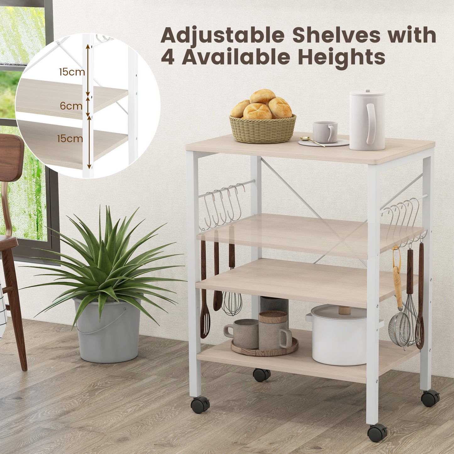 3-Tier Utility Cart Storage Trolley with 10 Removable Hooks-Beige, Costway, 5