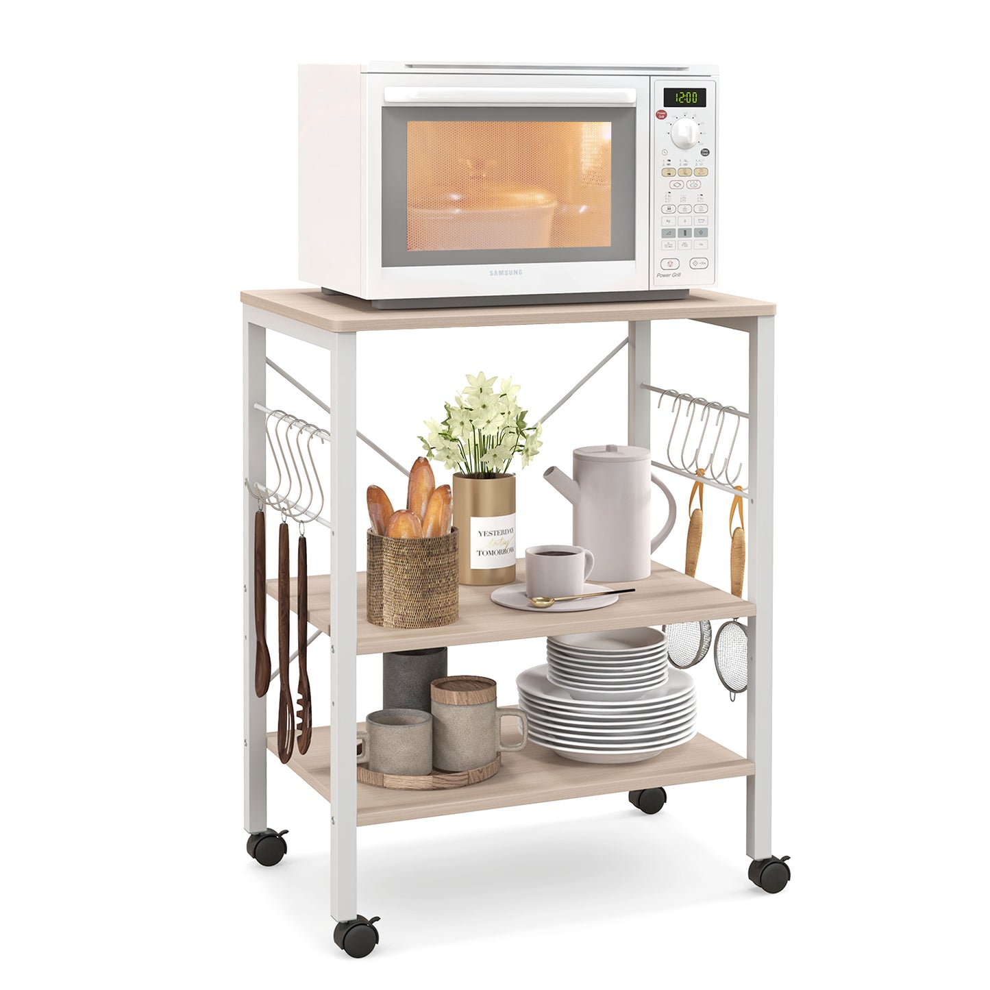 3-Tier Utility Cart Storage Trolley with 10 Removable Hooks-Beige, Costway, 7