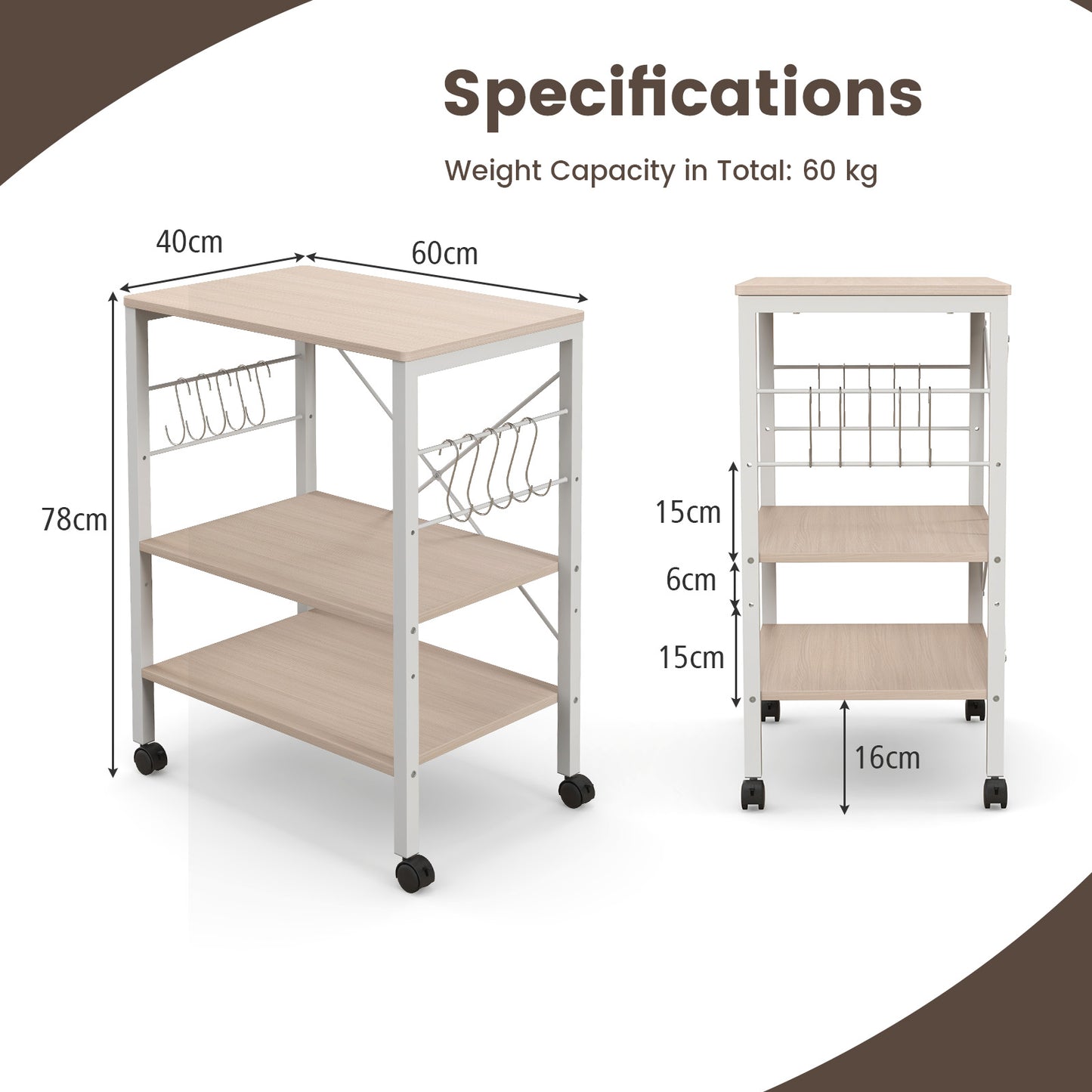 3-Tier Utility Cart Storage Trolley with 10 Removable Hooks-Beige, Costway, 4