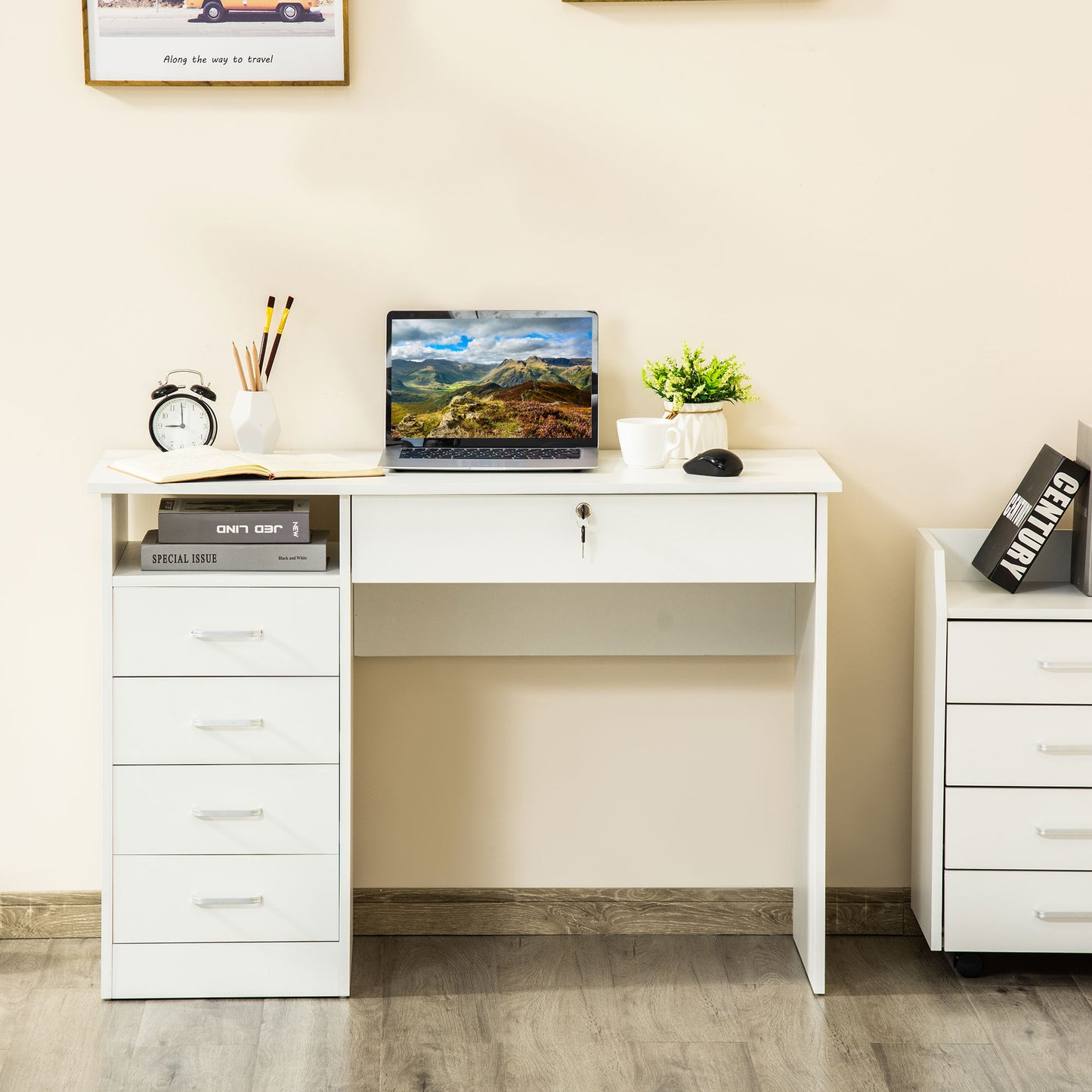 Computer Desk, Home Office Desk with Lockable Drawer, Storage Shelf for Study Bedroom, 110 x 50 x 76 cm, White, HOMCOM, 7