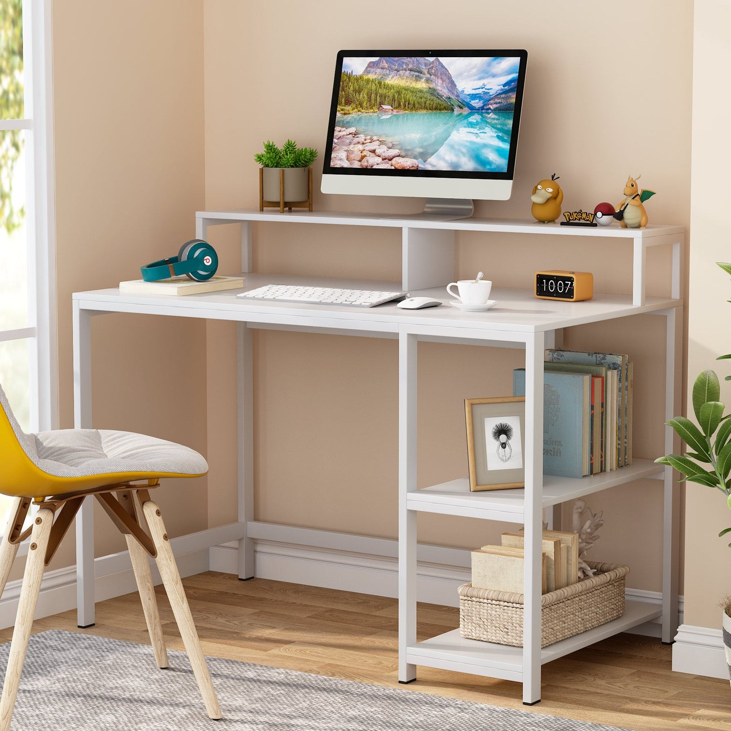 Small desks, office desk, desk computer, working desks, pc desk, with Shelves for Study, White - Tribesigns 2