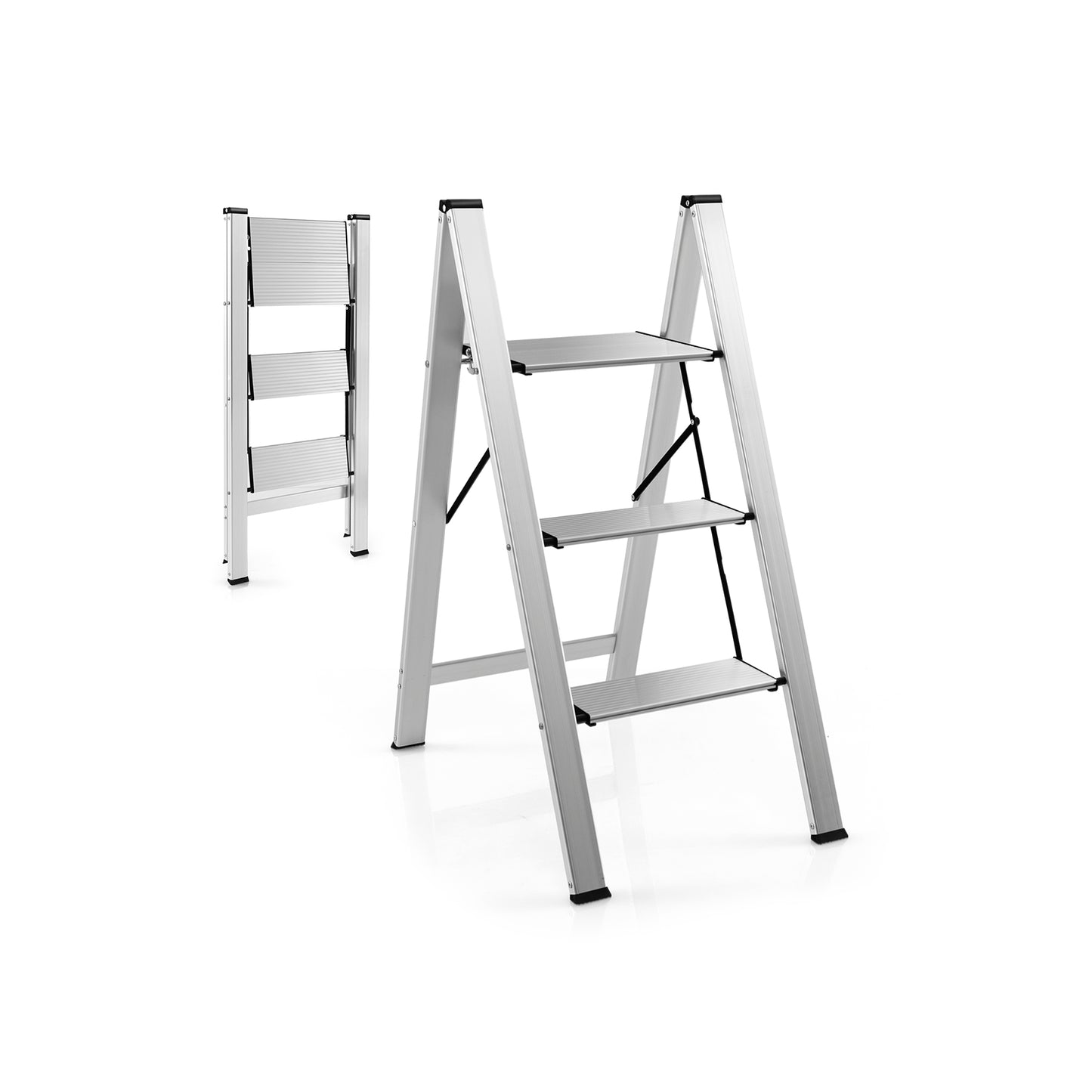 Step stool, 3 Step Ladder, Step Ladder, Folding Ladder with Wide Anti-Slip Pedal, Silver, Costway, 2