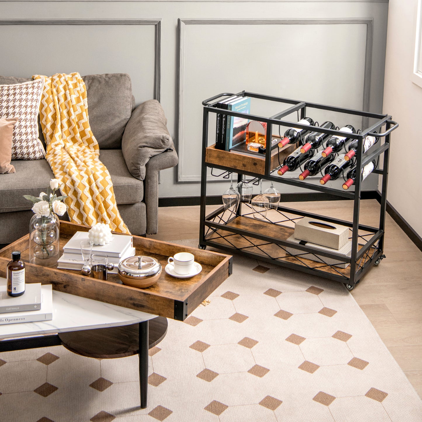 Home Bar Serving Car with Removable Tray-Rustic Brown, Costway, 4