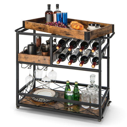 Home Bar Serving Car with Removable Tray-Rustic Brown, Costway, 2